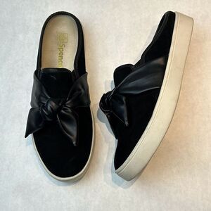 Spenco Barbados Mules Shoes Slip Ons Black Sz 8.5 Suede Leather Bow Orthotic